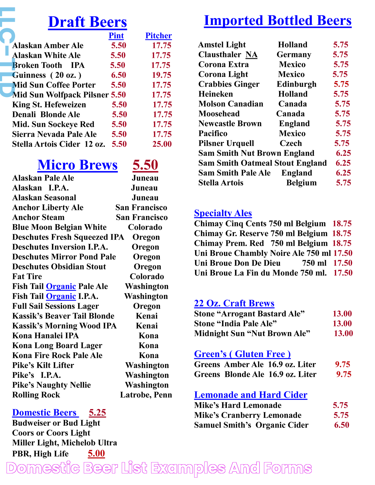 Domestic Beer List Examples and Forms