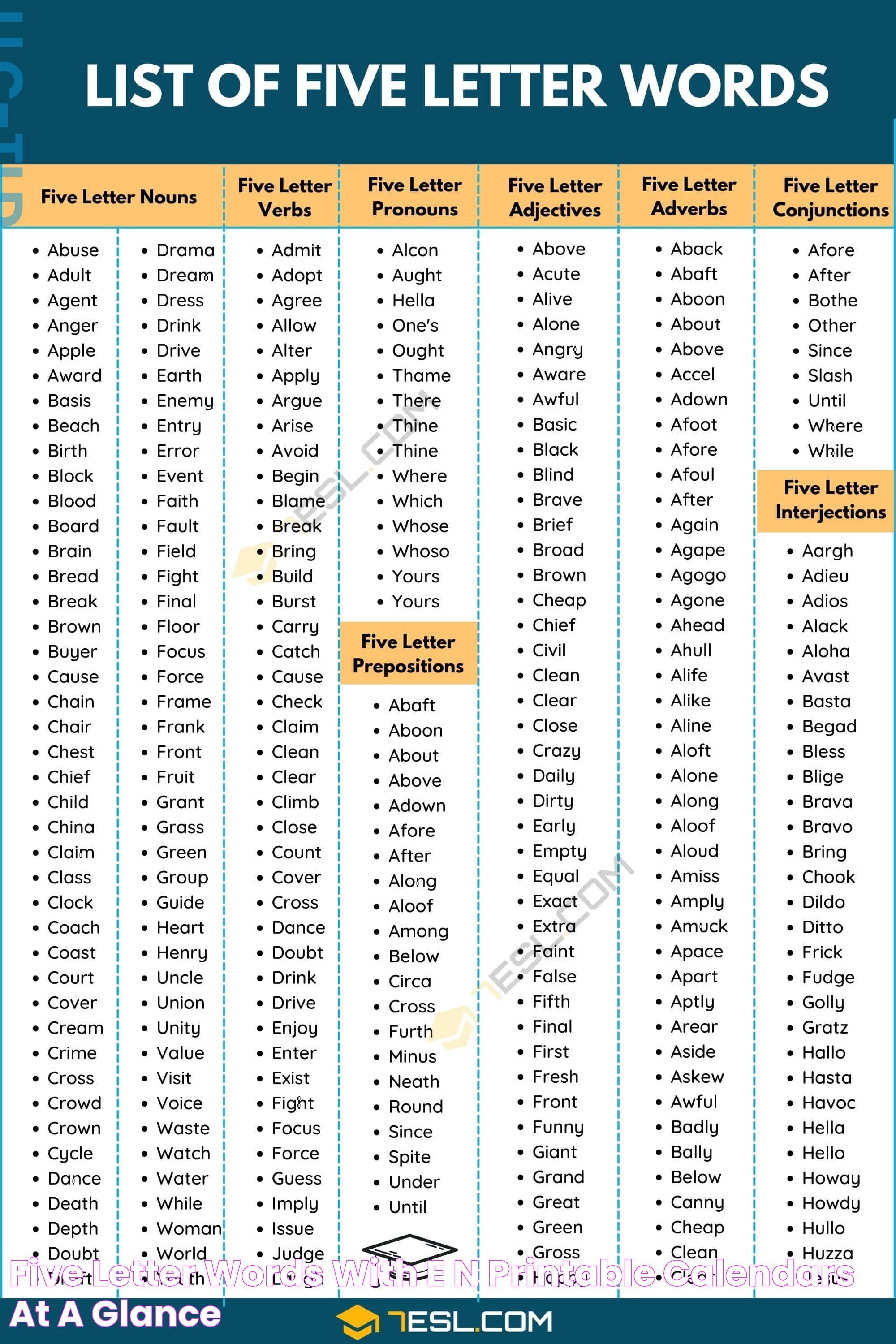 Five Letter Words With E N Printable Calendars AT A GLANCE