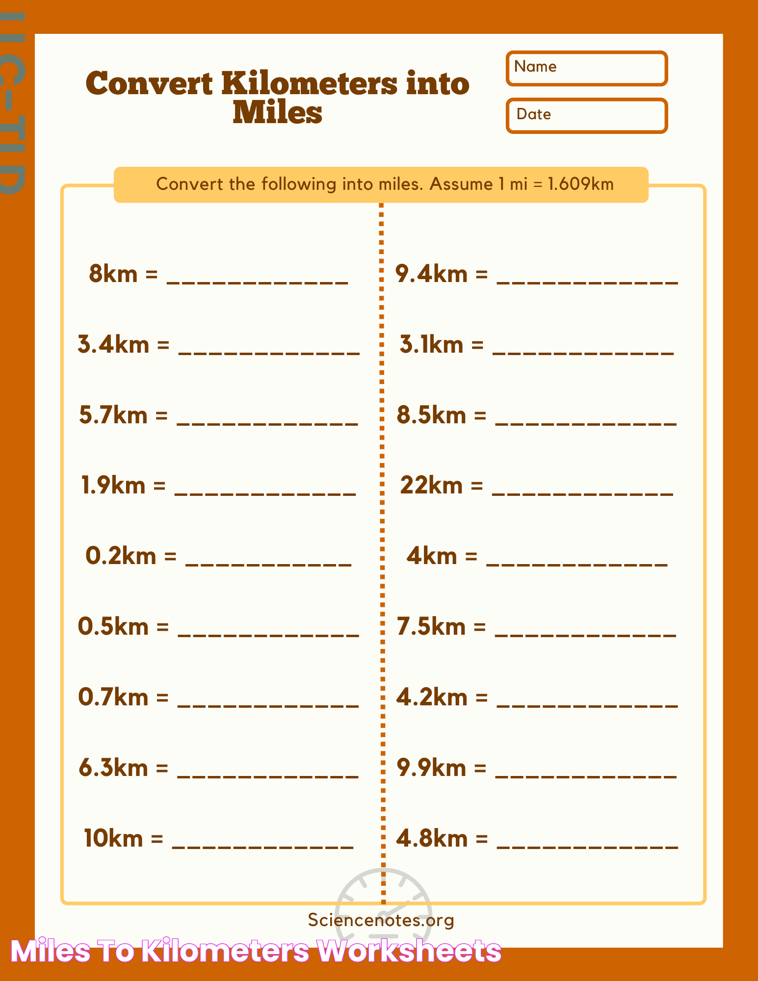 Miles to Kilometers Worksheets