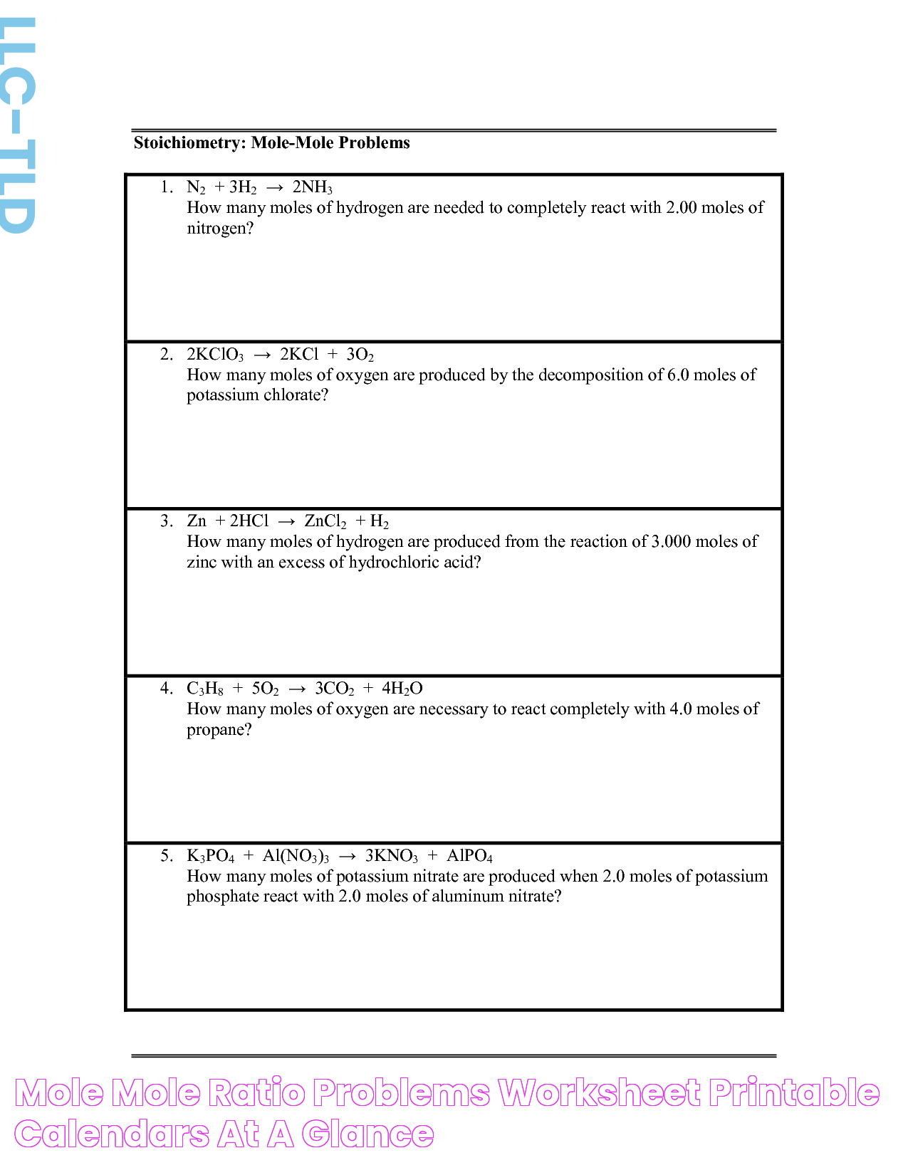 Mole Mole Ratio Problems Worksheet Printable Calendars AT A GLANCE