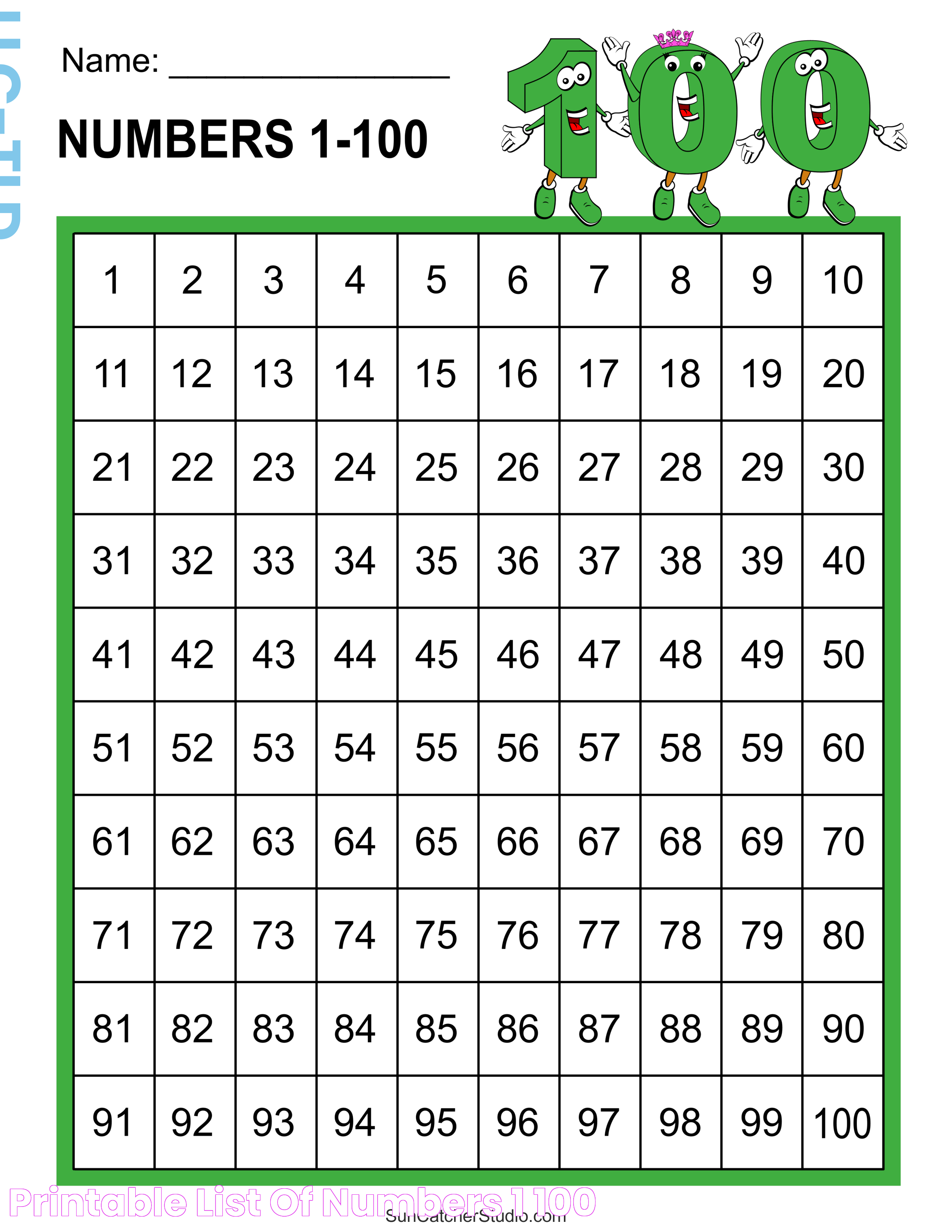 Printable List Of Numbers 1 100